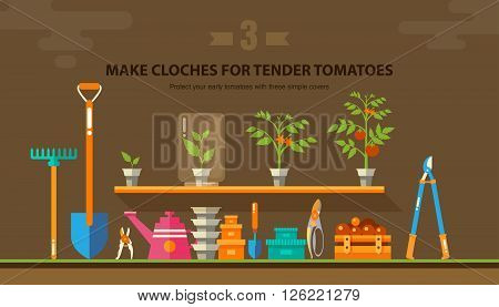 Stock vector illustration set garden tools, seedling tomatoes on the shelf in flat style element for info graphic, website, icon, games, motion design, video
