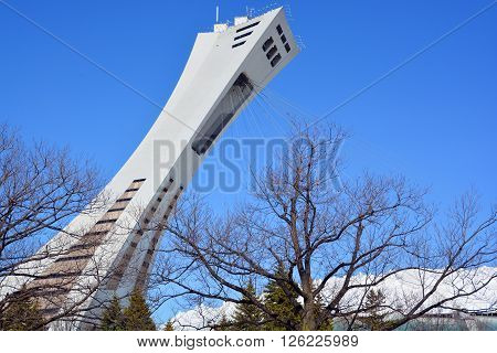 MONTREAL,CANADA APRIL 17 2016. The Montreal Stadium and tower. It's the tallest inclined tower in the world.Tour Olympique stands 175 meters tall and at a 45-degree angle