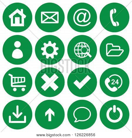 Set of 16 basic flat icons on green round background