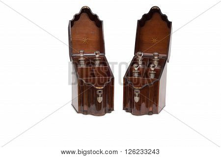 A Pair Of Opened Antique Tantaluses With Bottles Inside