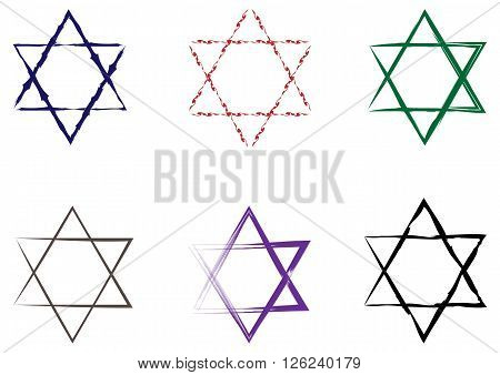 Set of Stars of David painted with a brush. Six elements isolated on white background.