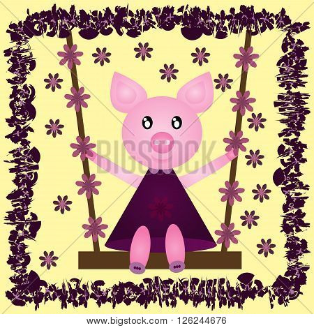 Funny cheerful pig in a dress on a swing. Flower. Abstract frame. Yellow background.
