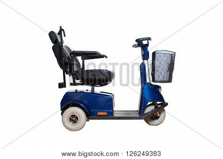 3 wheel motorised wheelchair with basket for disabled people isolated