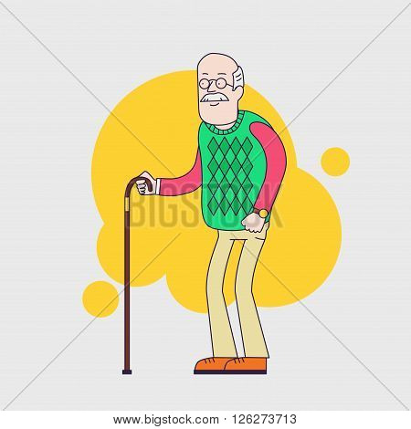 Old man with glasses, mustache and walkins cane.  Senior wearing old sweater. Vector character. Linear flat design