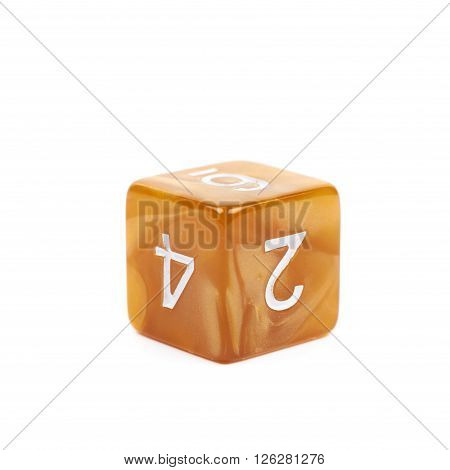 Roleplaying orange polyhedral gaming plastic dice cube isolated over the white background