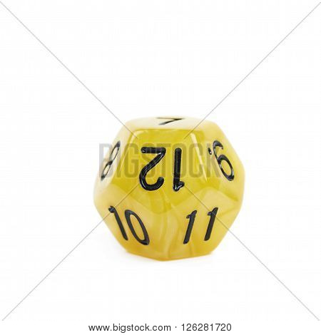 Yellow roleplaying polyhedral dodecahedron gaming plastic dice isolated over the white background