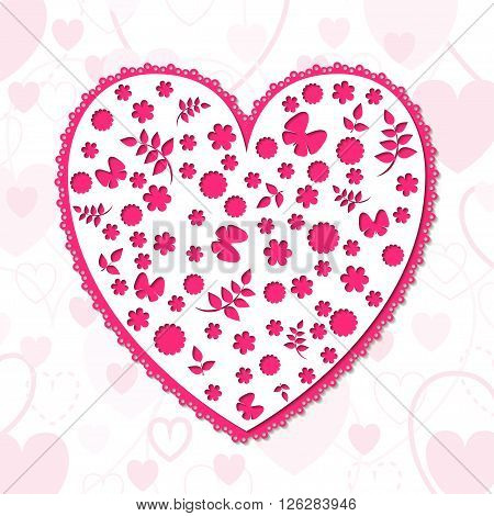 openwork heart carved with flowers, greeting card, illustration, vector image