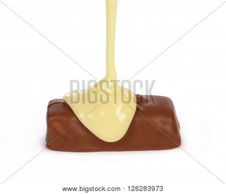 white Chocolate syrup poured on chocolate isolated on white background