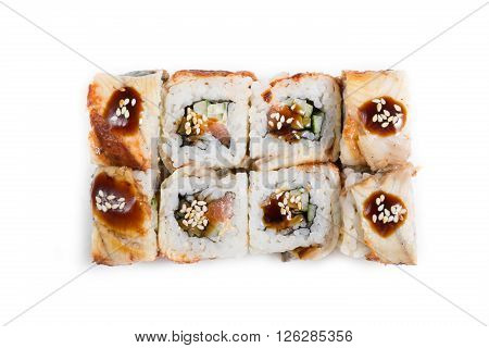 Japanese traditional food rolls on white background