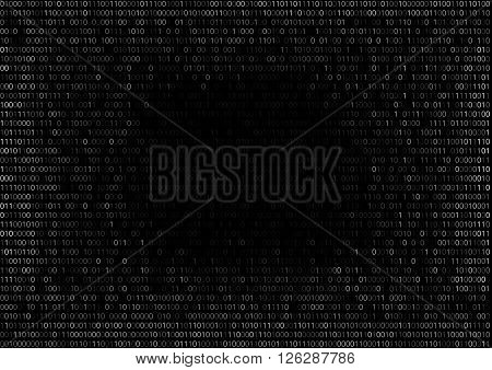 Round gradient fall off binary code screen listing table cypher, black, with space for text in center. Vector background
