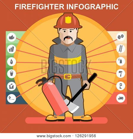 Fire fighter in fire suit man presenting an infographics