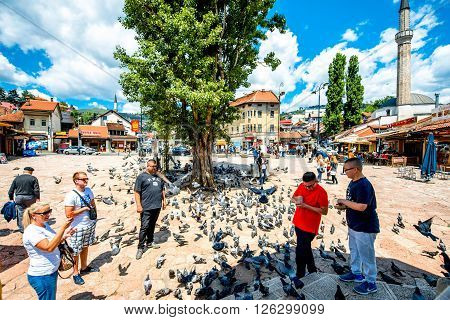 SARAJEVO, BOSNIA - HERZOGOVINA - CIRCA JUNE 2015: Crowded old market squire with pigeons on the north bank of the river Miljacka in the municipality of Stari Grad in Sarajevo.