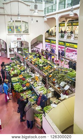 Logroño Spain - April 9 2016. People shopping vegetables in San Blas Market (Mercado de Abastos). San Blas is the main fresh-produce market in downtown of Logroño La Rioja. Spain.