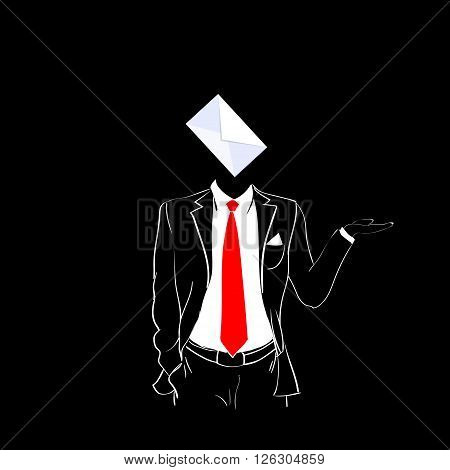 Man Silhouette Suit Red Tie Envelope E-mail Black Background Contour Outline Vector Illustration