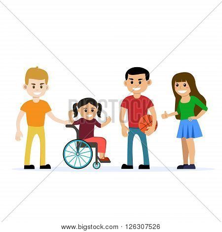 Disabled young girl in wheelchair with her friends having fun. Flat vector characters on isolated background. Concept for lifestyle, adaptation and opportunities for people with disability.