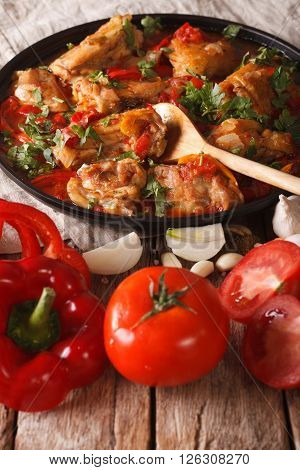 Chakhokhbili Chicken With Ingredients Close-up. Vertical