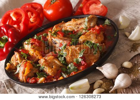 Chakhokhbili Chicken With Ingredients Close-up. Horizontal