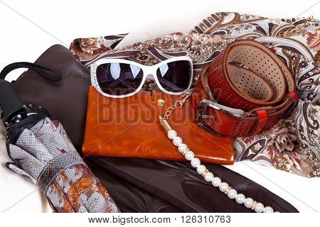 Set of brown autumn women's accessories handbags, sunglasses, belt, scarf and umbrella on a white background