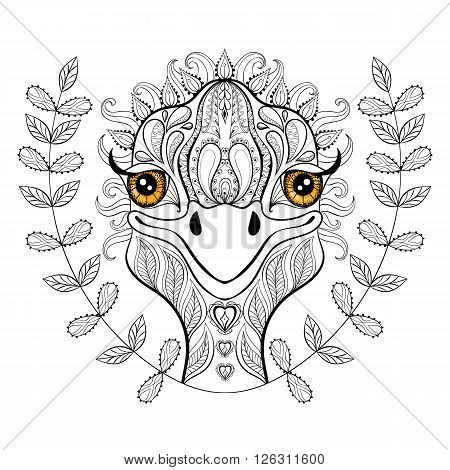 Vector ostrich for adult coloring page. Hand drawn funny ostrich head in floral frame for t-shirt print in zentangle style, tattoo design, ornamental animal logo. Patterned doodle with smiled ostrich face.