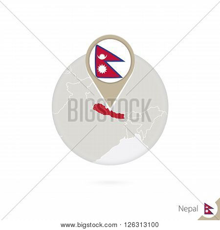 Nepal Map And Flag In Circle. Map Of Nepal, Nepal Flag Pin. Map Of Nepal In The Style Of The Globe.