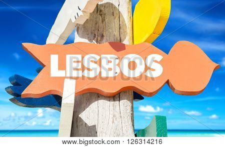Lesbos signpost with beach background