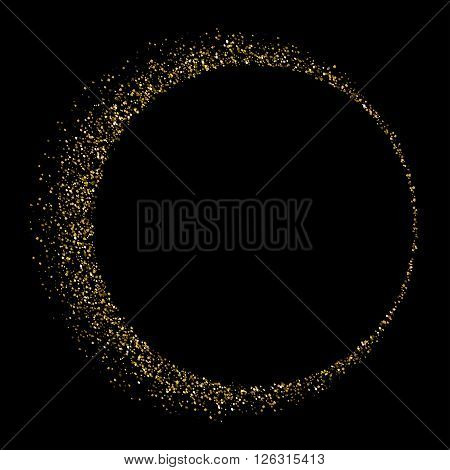 Vector gold glittering star dust circle on a black background. Golden explosion of confetti. Golden grainy surface for for flyer, poster, sale sign. Abstract texture for your desugn and business