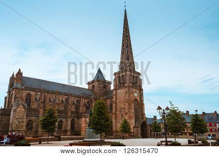 Main square and Cathedrale  Saint-Tugdual de Treguier. The Roman Catholic church and former cathedral in Treguier in Brittany, dedicated to Saint Tudwal.