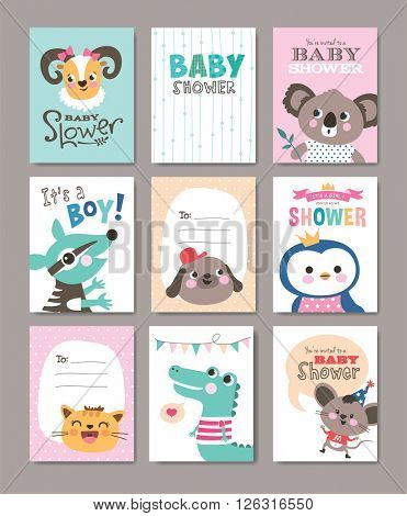 Set of baby shower cards with cute animals