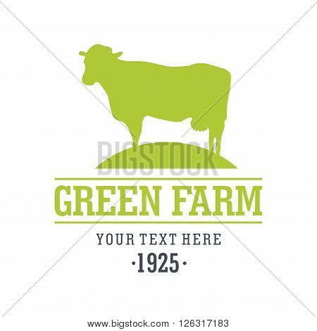 Modern vector illustration. Friendly animal characters, who live on a farm. Green Farm logo template. Character Cow for branding or packaging.