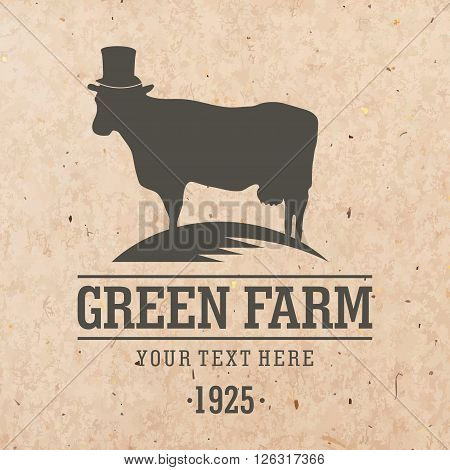Modern vector illustration. Friendly animal characters, who live on a farm. Green Farm logo template. Character Cow for branding or packaging.