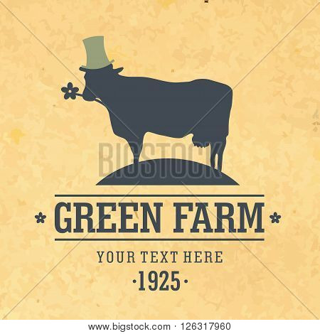 Modern vector illustration. Friendly animal characters, who live on a farm. Green Farm logo template. Character Cow for branding or packaging.