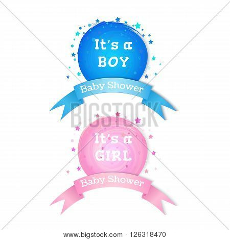 Baby shower invitation stickers. Boy and girl birth emblems. Vector illustration