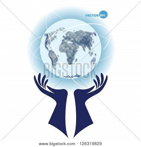 Globe planet Earth with continents supported by the palms of the hands and design of ways - Internet communication mobile communication sputnik road air way. Earth Day protect the environment