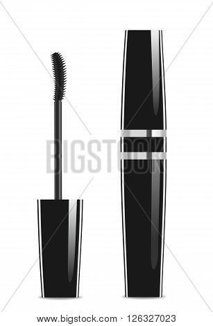 Black lash mascara tube with brush. Vector illustration