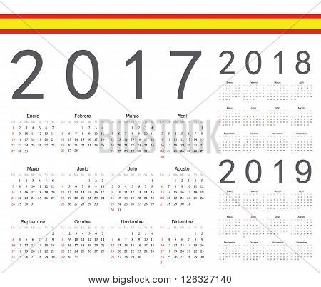 Set Of Spanish 2017, 2018, 2019 Year Vector Calendars