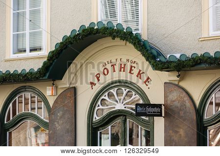 Salzburg Austria - January 07 2016: Facade of the oldest pharmacy located on Alter Markt square historic centre of the city