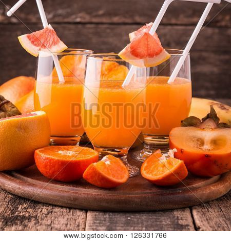 Fresh Organic Moothie With Banana, Pumpkin ,persimon, Orange,healthy Drink. Vegan Snack