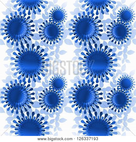 Abstract geometric floral background. Seamless blossoms in dark blue shades with pastel blue leaves on white, conspicuous and dreamy.