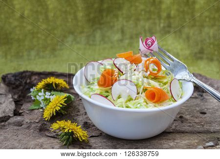 coleslaw on a background of yellow spring flowers.