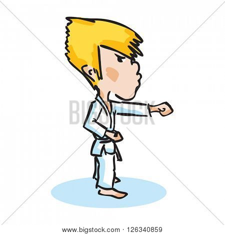 Child fighter is engaged in karate-do. Isolated character male in a kimono with a black belt martial arts perform exercises