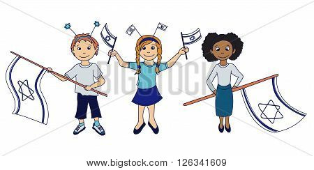 Children holding the israeli flags. Vector illustration