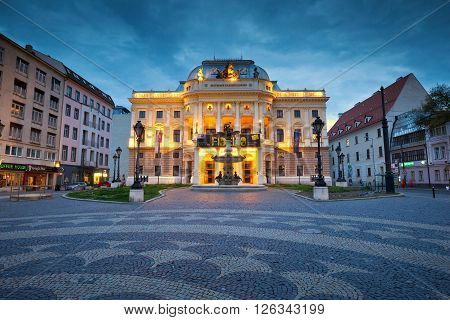 BRATISLAVA, SLOVAKIA - APRIL 18, 2016: National theatre in Hviezdoslav square in the old town of Bratislava on April 18, 2016.