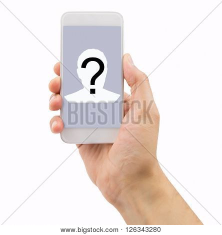 Mobile concept question man hands holding a mobile phone screen with a question mark and white background