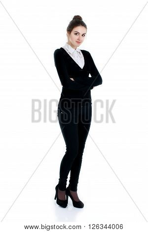 Happy successful business woman in black suit