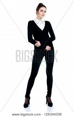 Happy successful business woman in black suit