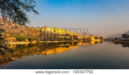 Maota Lake and palace complex Amber Fort near Jaipur Rajasthan India Asia