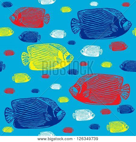 Emperor angelfish colourful seamless vector pattern. Realistic engraved colourful style of fishes on blue background.