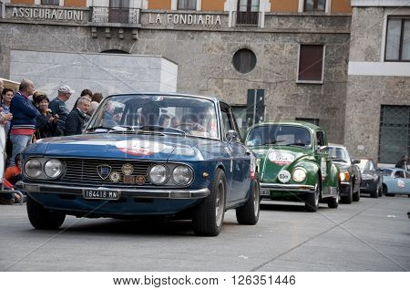BRESCIA, ITALY - APRILE 17, 2016:500 Miglia. Finish. LANCIA FULVIA COUPE, 1974 built