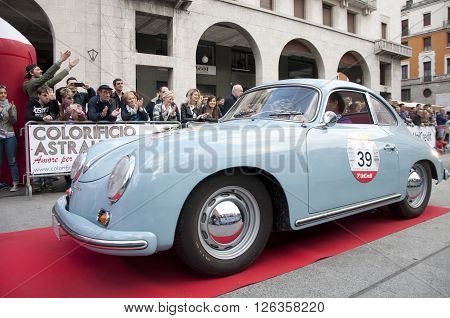 BRESCIA, ITALY - APRILE 17, 2016:500 Miglia. Finish. PORSCHE 356B 1600 SUPER, 1963 built