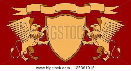 Griffins holding a shield. Shield with ribbon. Heraldry. Medieval emblem. Vector Image.
